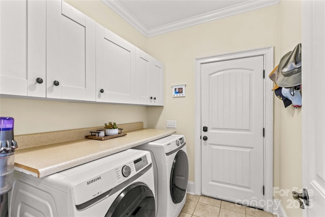 7923 Mountain Shore Dr, Sherrills Ford, NC 28673 - laundry room with cabinet space, ornamental molding, washer and dryer, and light tile patterned floors