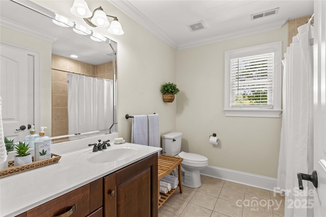 7923 Mountain Shore Dr, Sherrills Ford, NC 28673 - full bath featuring tile patterned floors, crown molding, toilet, baseboards, and vanity