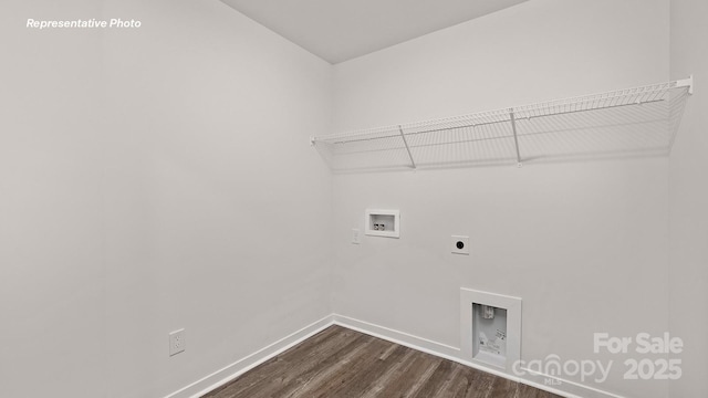washroom featuring dark wood-style flooring, washer hookup, laundry area, electric dryer hookup, and baseboards