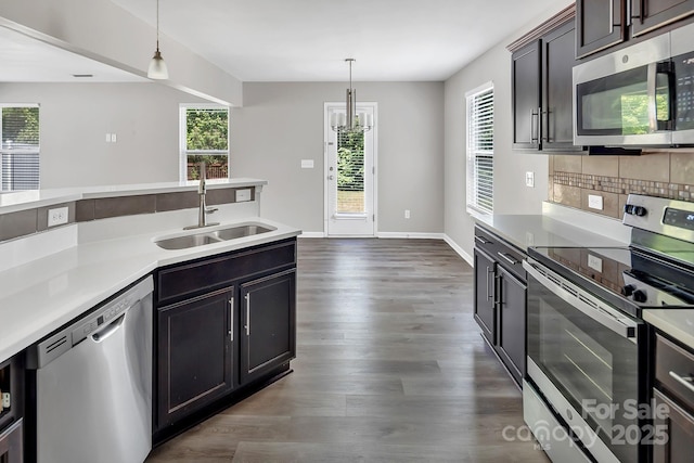 kitchen with plenty of natural light, a sink, dark wood-style flooring, and appliances with stainless steel finishes