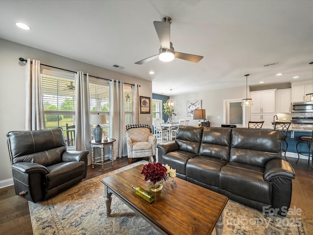 1149 Mayapple Way, Belmont, NC 28012 - living area featuring recessed lighting, a ceiling fan, visible vents, and dark wood finished floors