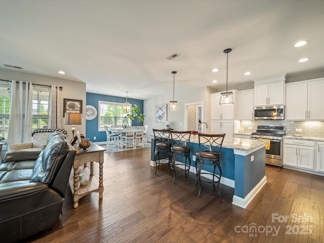 1149 Mayapple Way, Belmont, NC 28012 - kitchen featuring appliances with stainless steel finishes, open floor plan, visible vents, and dark wood-style floors