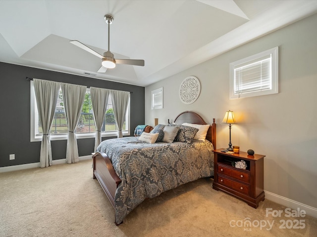 1149 Mayapple Way, Belmont, NC 28012 - carpeted bedroom with visible vents, ceiling fan, a raised ceiling, and baseboards