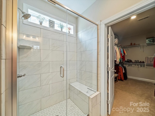 1149 Mayapple Way, Belmont, NC 28012 - bathroom featuring visible vents, a stall shower, and a walk in closet