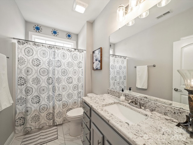 1149 Mayapple Way, Belmont, NC 28012 - bathroom featuring vanity, curtained shower, toilet, marble finish floor, and visible vents