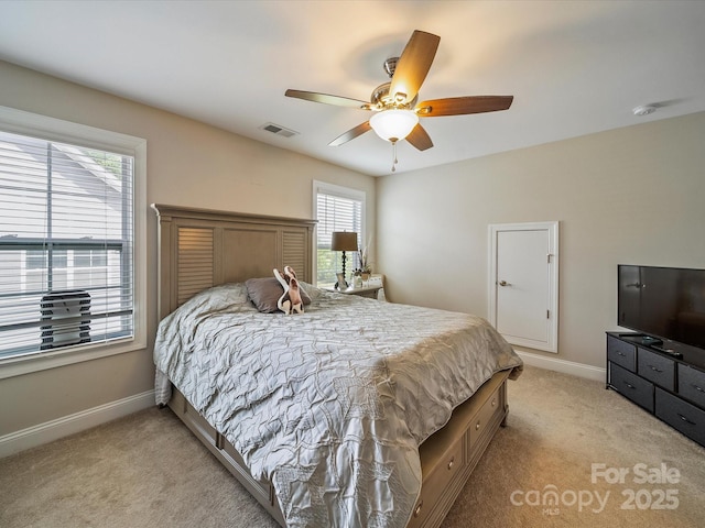 1149 Mayapple Way, Belmont, NC 28012 - bedroom with baseboards, visible vents, a ceiling fan, and light colored carpet