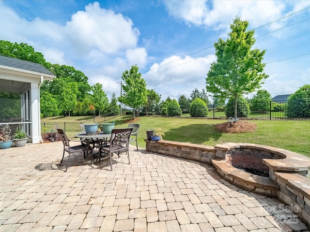 1149 Mayapple Way, Belmont, NC 28012 - view of patio / terrace with outdoor dining area, a fenced backyard, and an outdoor fire pit
