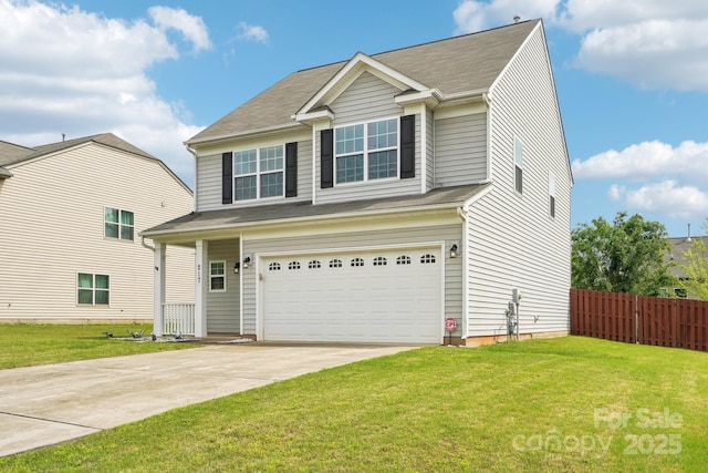 view of front of house with fence, a front lawn, concrete driveway, and an attached garage