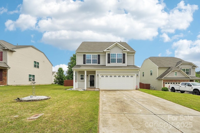 view of front of house with covered porch, a front yard, driveway, and an attached garage
