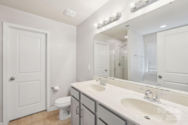 bathroom with visible vents, toilet, a stall shower, and a sink