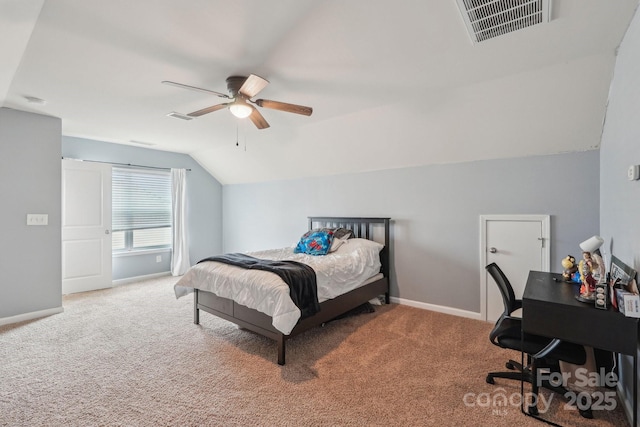 bedroom with carpet, visible vents, and lofted ceiling