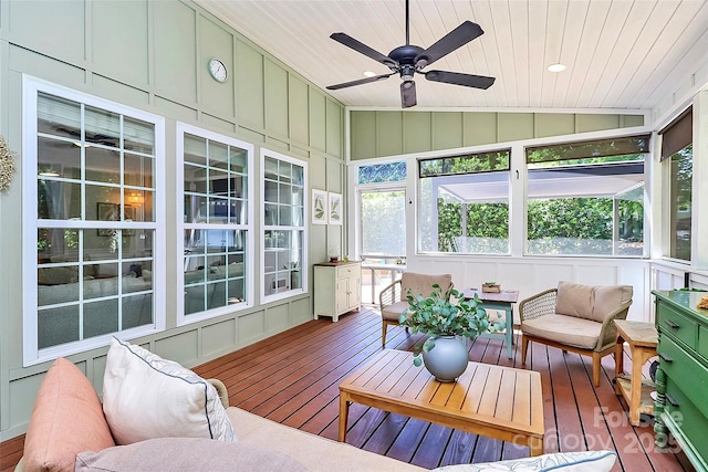 sunroom / solarium featuring ceiling fan, outdoor lounge area, and plenty of natural light