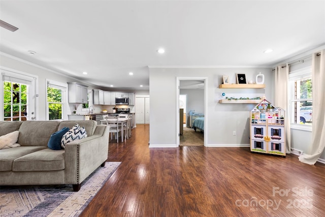 living area with baseboards, dark wood-style floors, ornamental molding, and a wealth of natural light