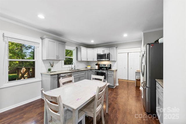 kitchen with gray cabinets, backsplash, appliances with stainless steel finishes, a sink, and dark wood-style floors