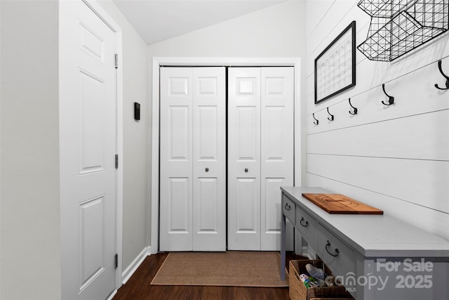 mudroom with baseboards, lofted ceiling, and dark wood-type flooring