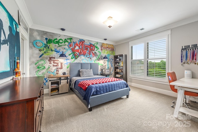 carpeted bedroom with crown molding, visible vents, and baseboards