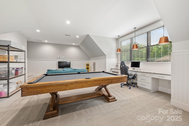 rec room featuring billiards, visible vents, wainscoting, and light carpet