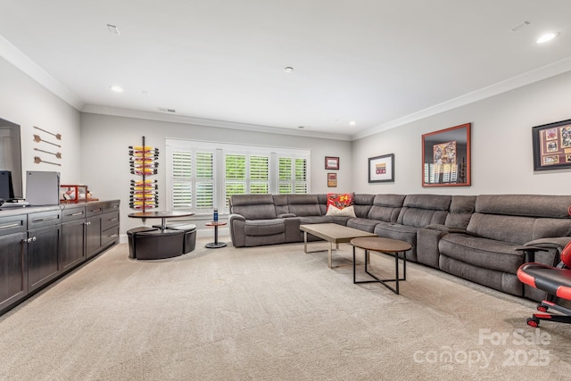 living room featuring light colored carpet, recessed lighting, and ornamental molding