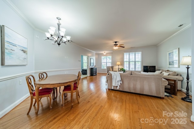 13360 Old Compton Ct, Pineville, NC 28134 - interior space with crown molding, ceiling fan with notable chandelier, baseboards, and light wood-style floors