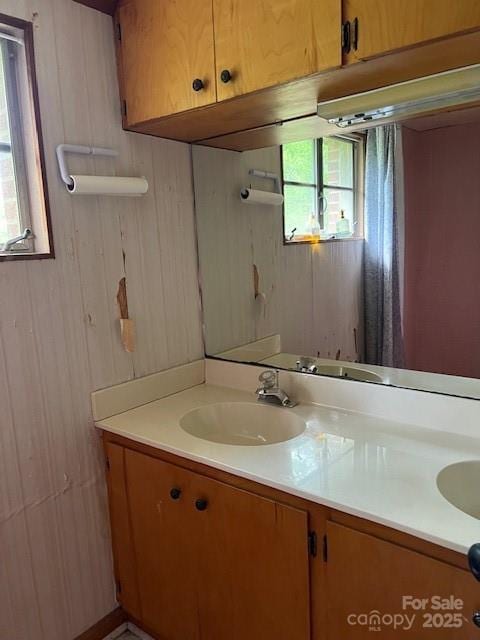 bathroom featuring wood walls and vanity