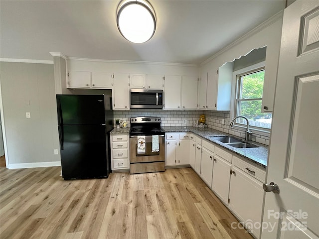 kitchen featuring a sink, tasteful backsplash, crown molding, white cabinets, and appliances with stainless steel finishes