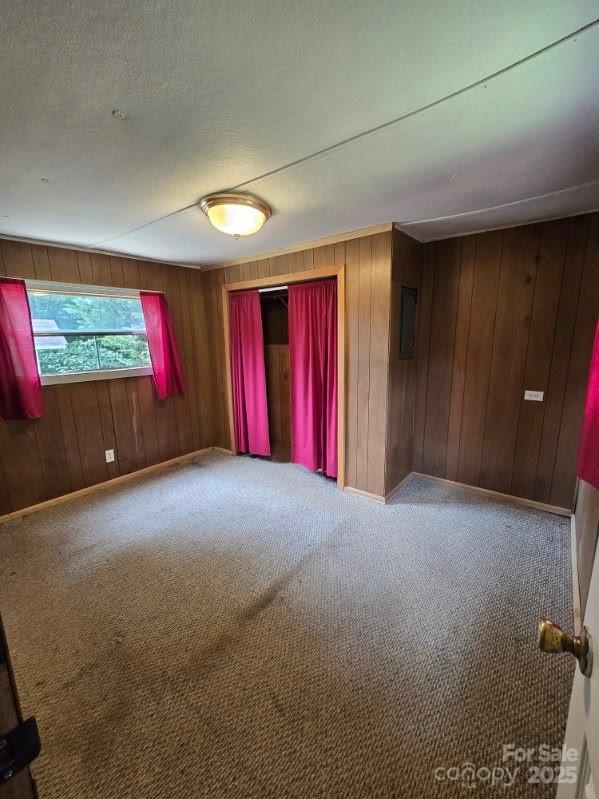 68 Upper White Oak Rd, Mars Hill, NC 28754 - spare room featuring carpet, wooden walls, baseboards, and a textured ceiling