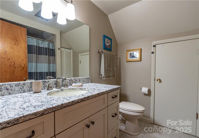 597 Sweetwater Rdg, Burnsville, NC 28714 - bathroom featuring vanity, vaulted ceiling, and tile patterned floors