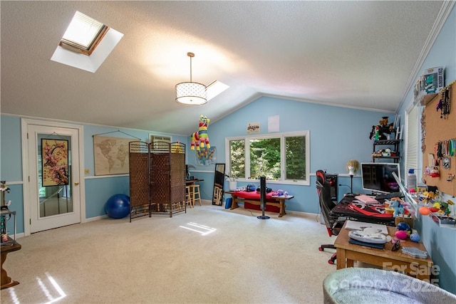 597 Sweetwater Rdg, Burnsville, NC 28714 - playroom with a skylight, carpet flooring, vaulted ceiling, and a textured ceiling