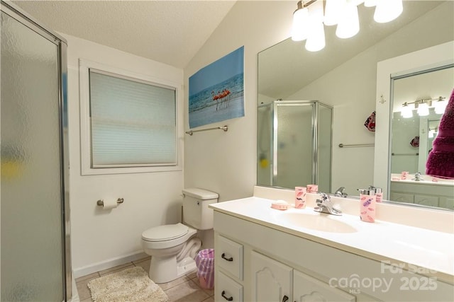 597 Sweetwater Rdg, Burnsville, NC 28714 - full bath featuring lofted ceiling, a shower stall, vanity, a chandelier, and tile patterned floors