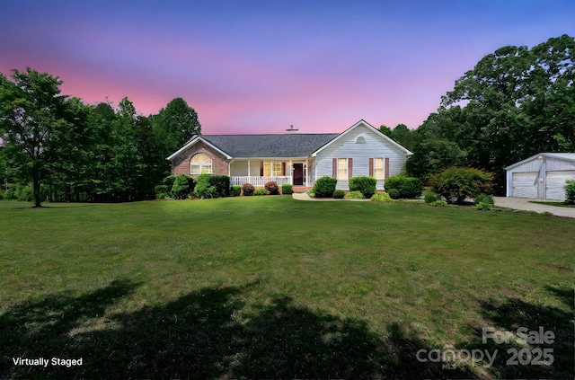 260 Treebark Rd, Statesville, NC 28625 - ranch-style house featuring an outdoor structure, a lawn, a detached garage, and a porch