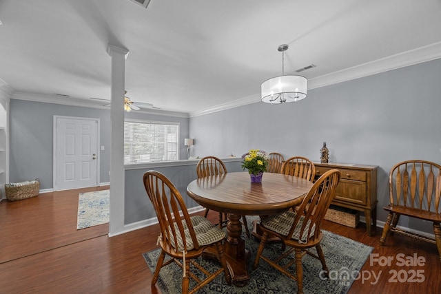 3736 Melrose Cottage Dr, Matthews, NC 28105 - dining area with ceiling fan, visible vents, wood finished floors, baseboards, and ornamental molding