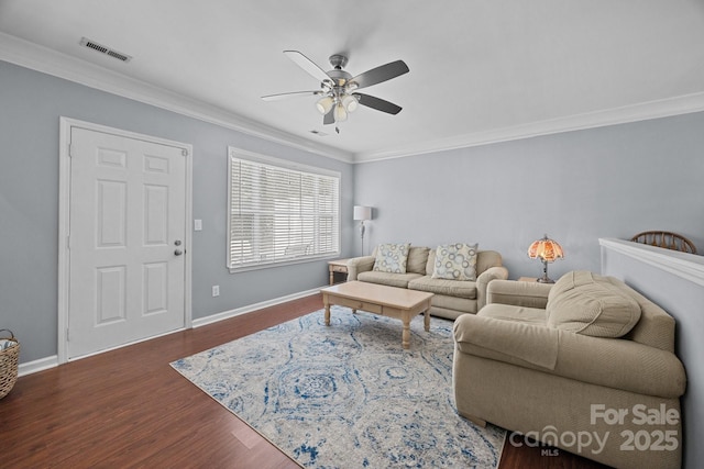3736 Melrose Cottage Dr, Matthews, NC 28105 - living room featuring a ceiling fan, visible vents, wood finished floors, baseboards, and ornamental molding