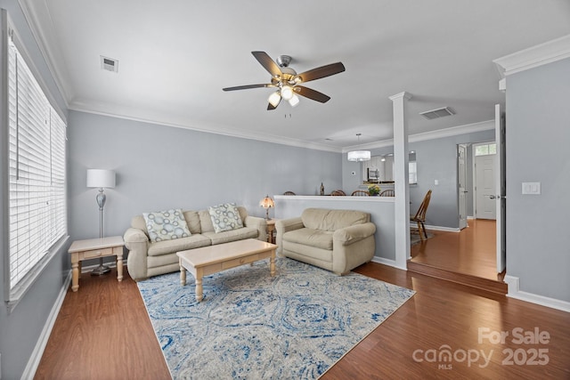 3736 Melrose Cottage Dr, Matthews, NC 28105 - living room with baseboards, ceiling fan, visible vents, and wood finished floors