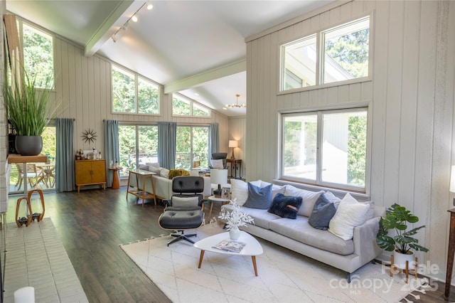 living room featuring wooden walls, a healthy amount of sunlight, vaulted ceiling, and wood-type flooring