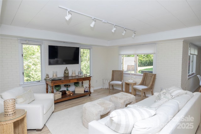 living room featuring plenty of natural light, rail lighting, wood finished floors, and brick wall
