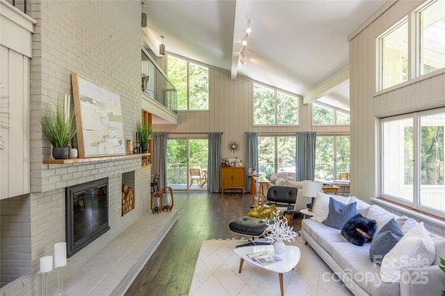 living area with a fireplace, hardwood / wood-style flooring, and high vaulted ceiling