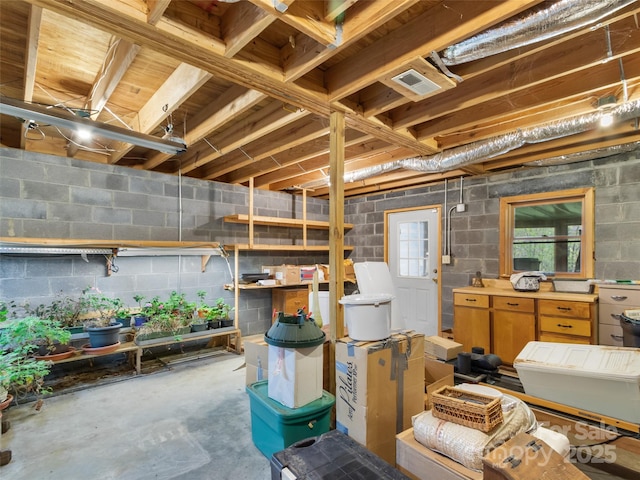 below grade area featuring concrete block wall and visible vents