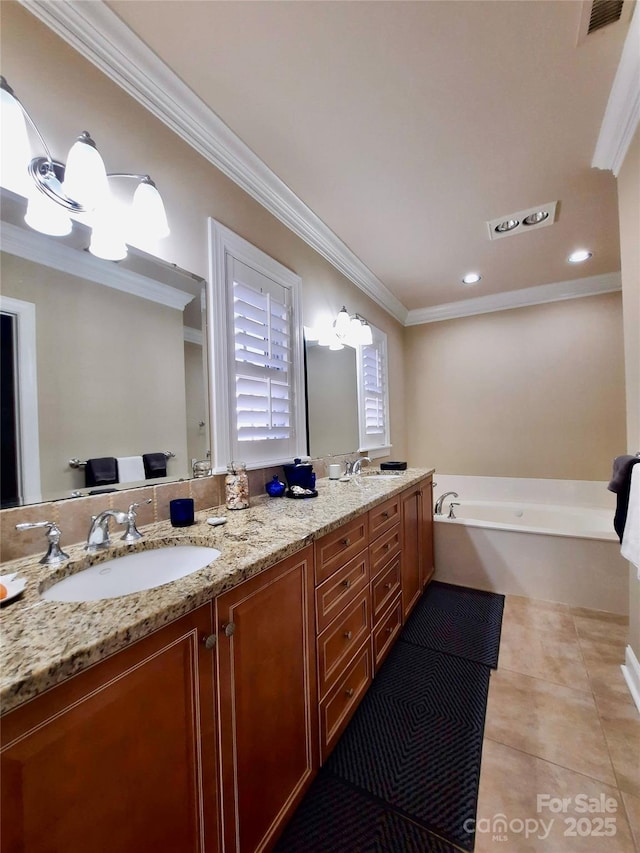full bathroom with a sink, tile patterned floors, crown molding, double vanity, and visible vents