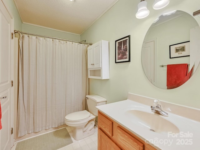 full bath featuring a textured ceiling, vanity, and toilet