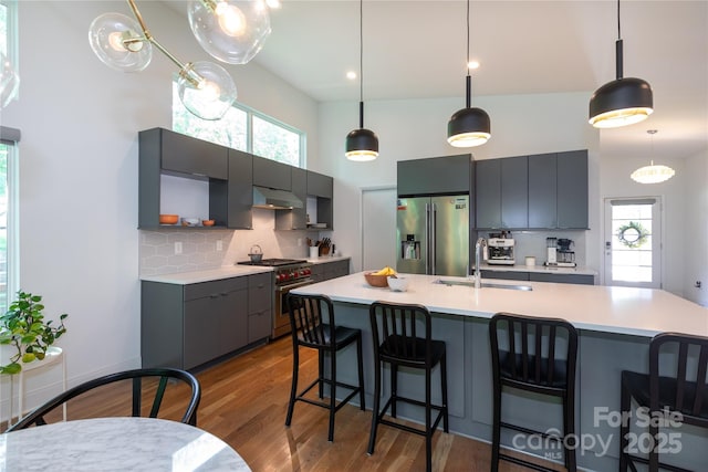 kitchen featuring light countertops, high quality appliances, a sink, and tasteful backsplash