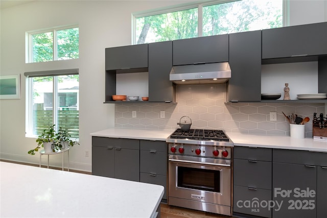 kitchen with designer stove, open shelves, exhaust hood, and gray cabinetry
