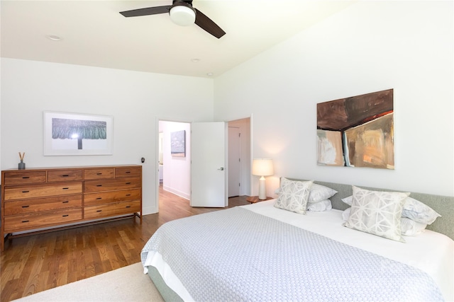 bedroom with ceiling fan and wood finished floors