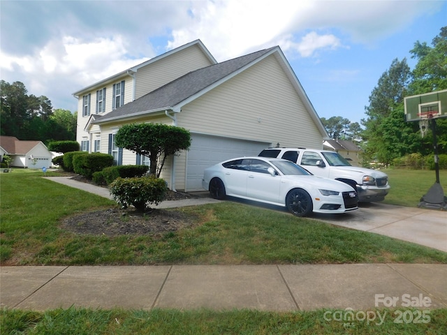 view of property exterior with an attached garage, concrete driveway, roof with shingles, and a lawn
