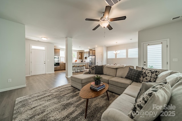 804 Lyndon Station Dr, Pineville, NC 28134 - living area featuring visible vents, baseboards, recessed lighting, a ceiling fan, and light wood finished floors