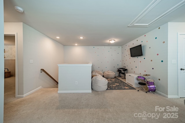 804 Lyndon Station Dr, Pineville, NC 28134 - rec room featuring baseboards, carpet flooring, attic access, and recessed lighting