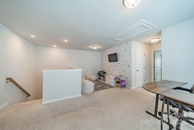 804 Lyndon Station Dr, Pineville, NC 28134 - recreation room featuring baseboards, carpet, and attic access