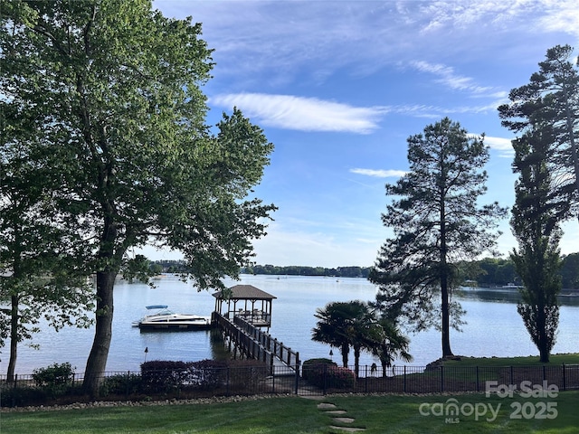 view of dock featuring a water view and fence