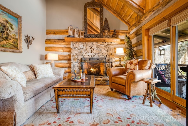 1873 El Miner Dr, Mars Hill, NC 28754 - living area with wood ceiling, rustic walls, a fireplace, wood finished floors, and high vaulted ceiling
