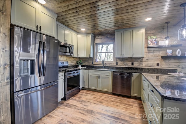 601 Tater Patch Rd, Maggie Valley, NC 28751 - kitchen featuring appliances with stainless steel finishes, wood ceiling, light wood-style flooring, dark stone counters, and recessed lighting