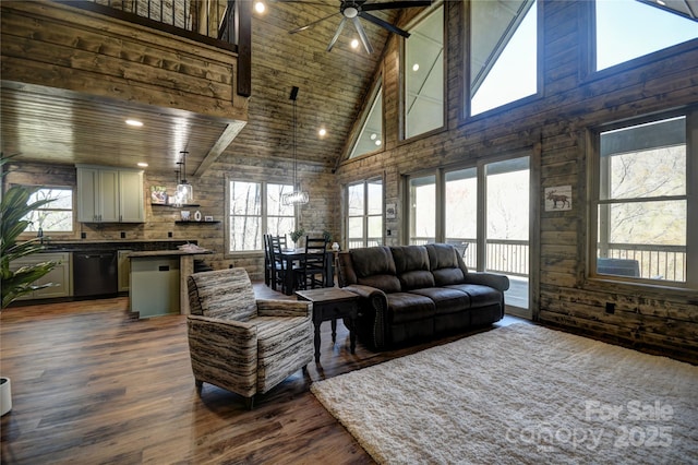 601 Tater Patch Rd, Maggie Valley, NC 28751 - living room with high vaulted ceiling, ceiling fan, dark wood finished floors, wooden ceiling, and recessed lighting